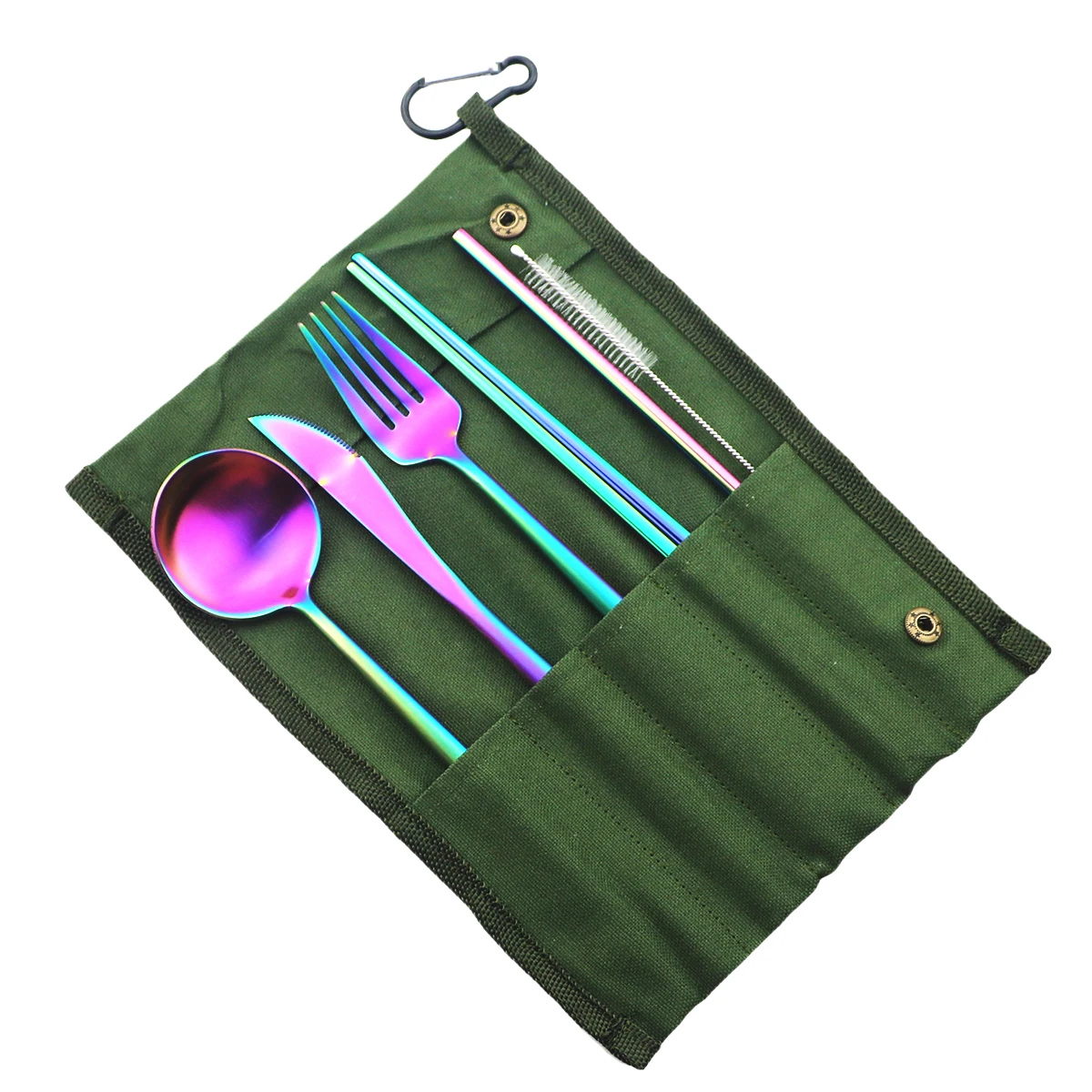 Green BagA-Rainbow 7 шт Красочные Портативные экологически чистые дорожные столовые приборы из нержавеющей стали набор ножей вилка ложка палочки для еды набор соломинок столовые приборы для пикника - Цвет: Green BagA-Rainbow