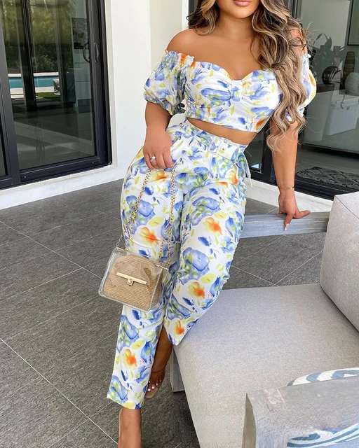 Cutie Floral Two Piece Crop Top Pants Set – Chic Boho Style