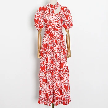 

SeeBeautiful Vintage Simple Floral Printing Irregular Puff Sleeve Hollow Ruffles Loose Dress Woman Autumn 2020 New Fashion L891