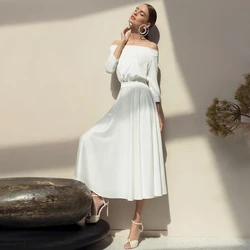 Simple Ivory Short Pleat Wedding Dress For Bride Civil Bridal Gown Off Shoulder Boat Neck Backless Tea Length Robe De Soriee