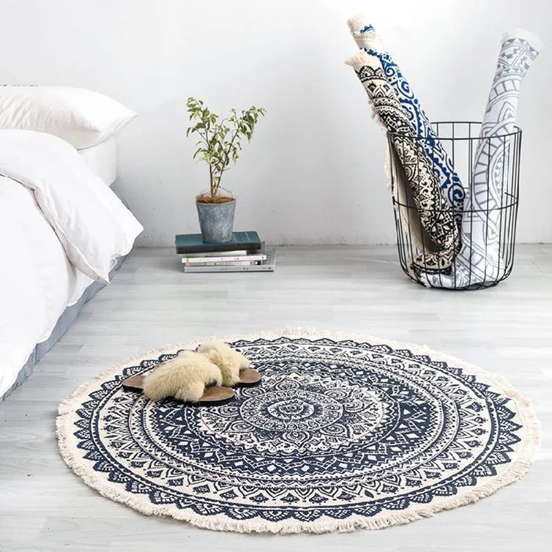 

Retro Bohemian Hand Woven Cotton Linen Carpet Rug Ethnic Style Bedside Rug Geometric Floor Mat Home Bedroom Carpet Home Decor