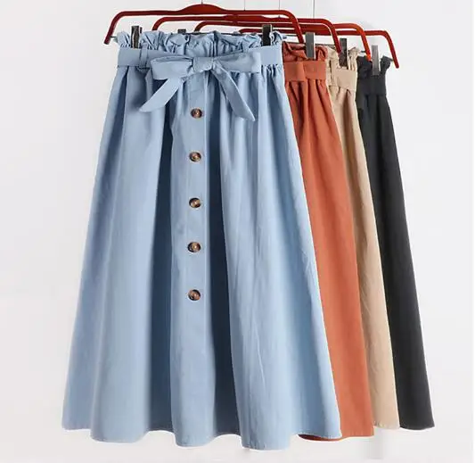 

NINE BULL 2019 New Spring Summer Skirts Womens Knee Length Korean Elegant Button High Waist Skirt Female Pleated School Skirt