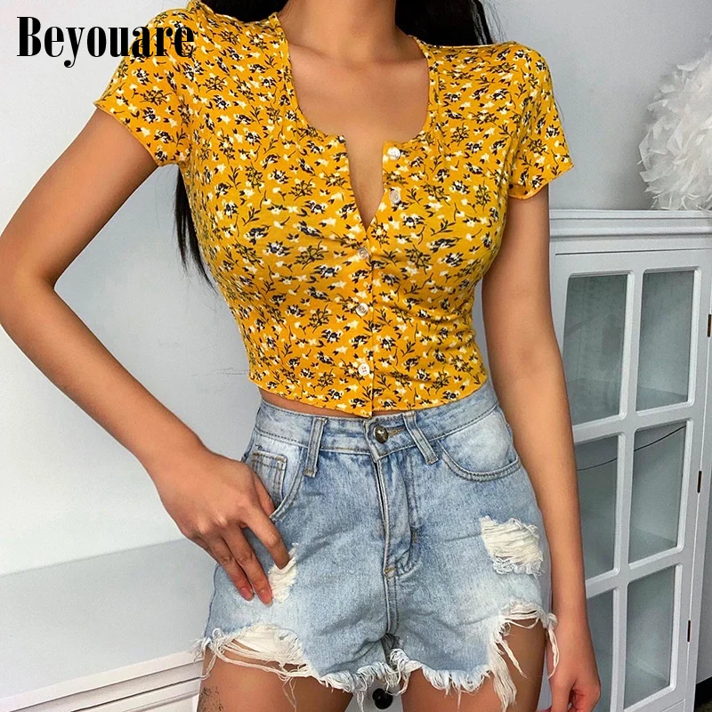 

Beyouare Chic Floral Print T Shirt Women Summer Vintage Buttons Short Sleeves Tops Yellow Slim Cropped Casual Elegant t shirt