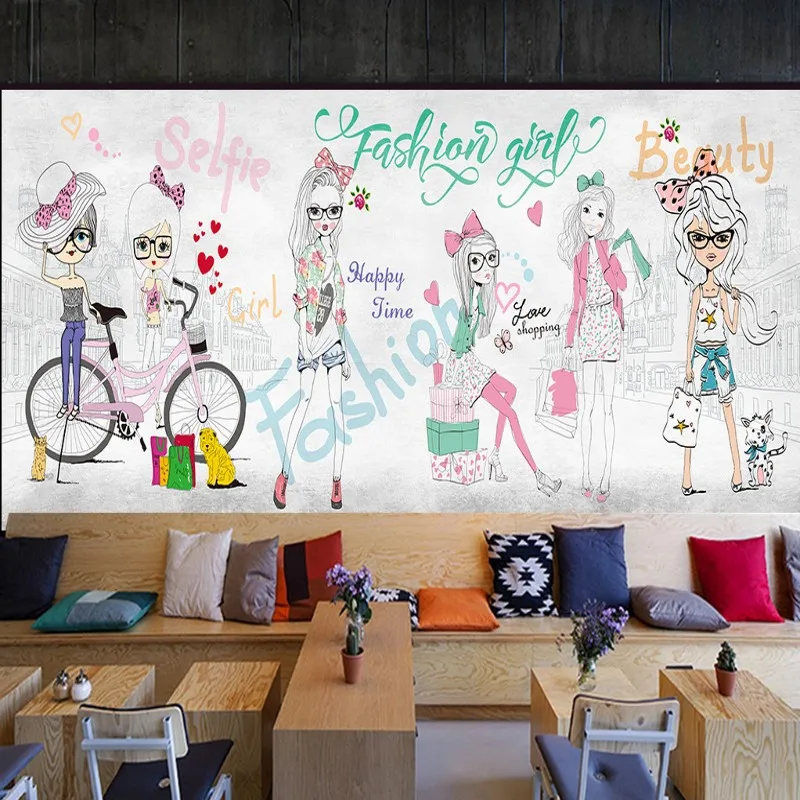Drop Shipping Custom Photo Wallpaper Hand Painted Fashion Girl Mural Clothing Store Shopping Center Background | Обустройство дома