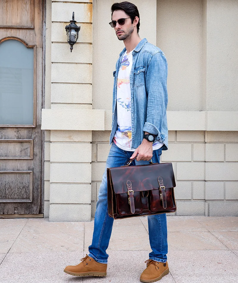 Dark Brown Unisex Large Leather Travel Laptop Bags Briefcase