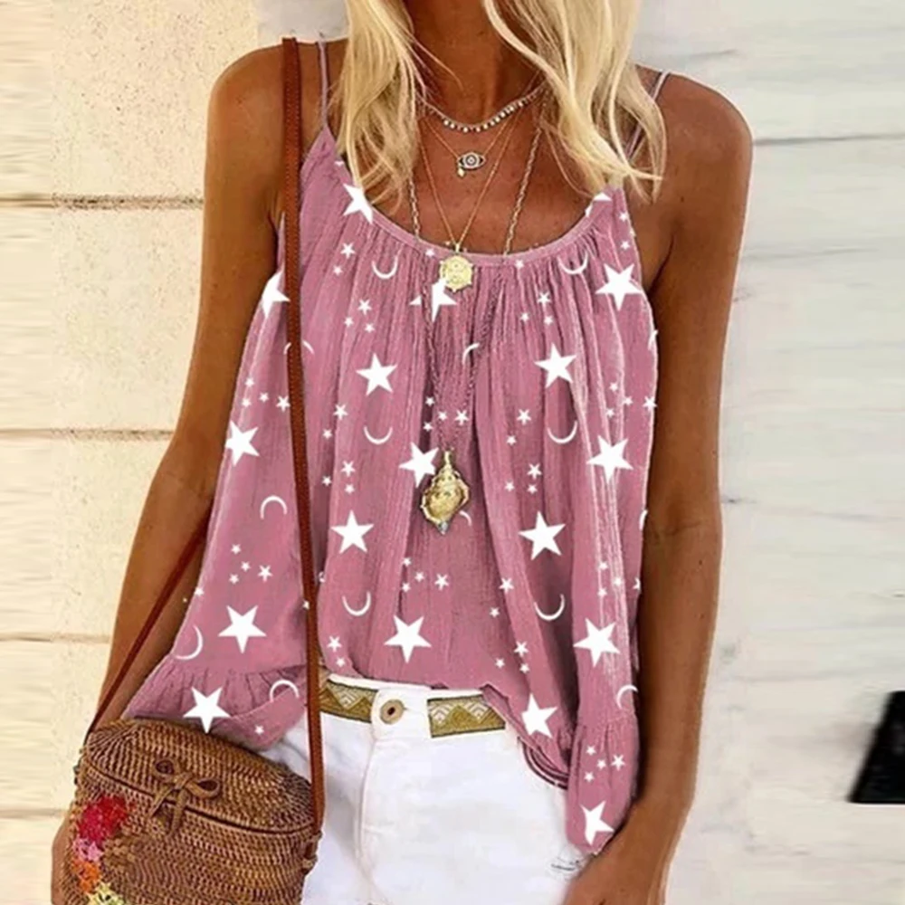Blusa Sexy de verano 2020 con cuello redondo y sin mangas con estampado de Luna y estrellas para mujer, Blusa de talla grande con hombros descubiertos para mujer