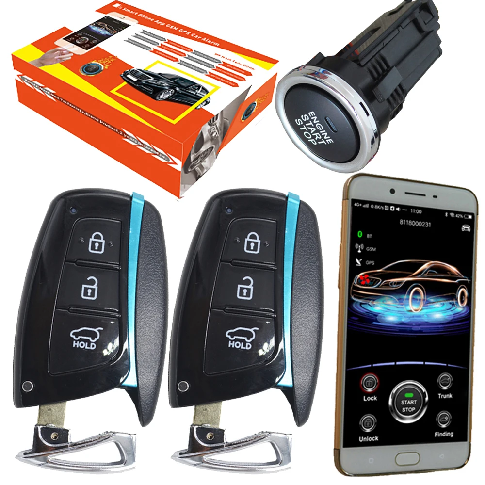 

push start stop button smart phone control pke passive keyless entry car 2G alarm system