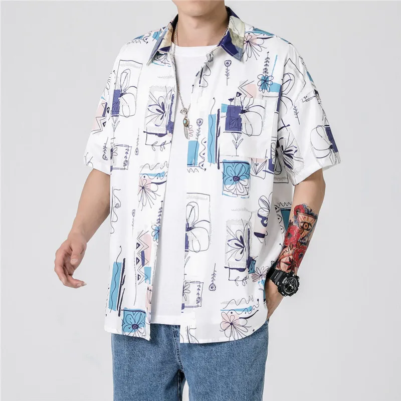 

Summer Short-sleeved Shirt Men's Fashion Printed Hawaiian Shirt Men Streetwear Wild Loose Short-sleeved Shirts Mens M-5XL