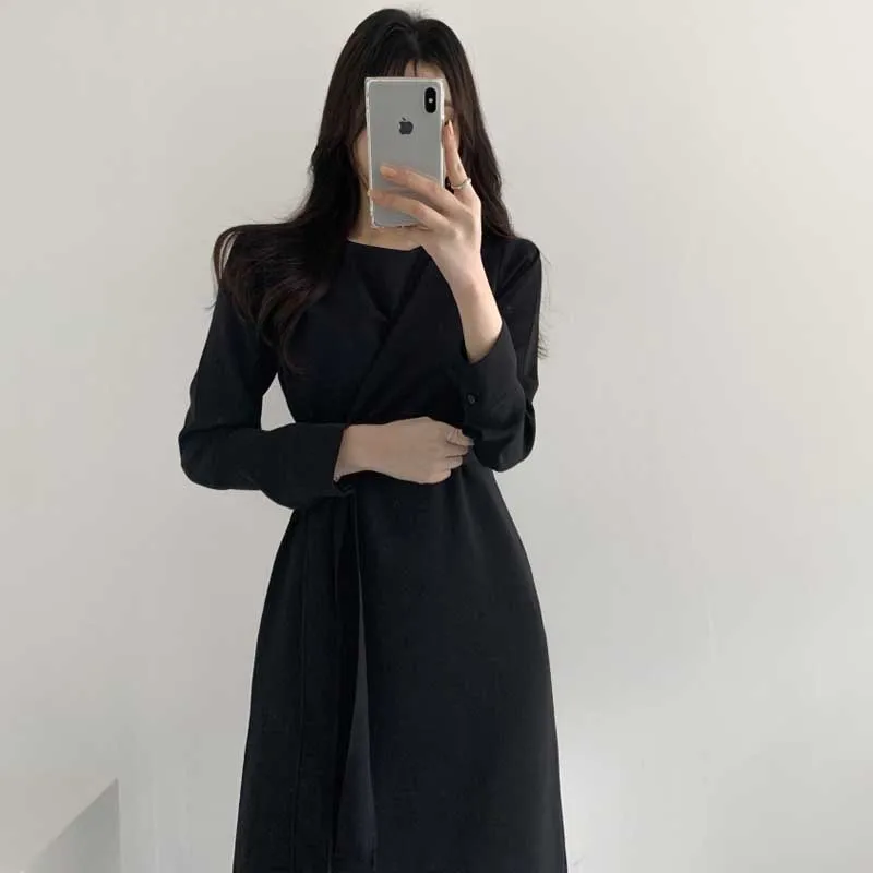 2020 Elegant One-Piece Women Long Sleeve Dress Spring Autumn Fashion Korean Vintage Bandage Waist Dress Ladies Office Dresses