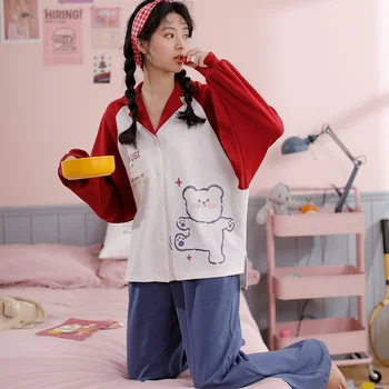 

Autumn 100% Cotton Pajamas for Women Long Sleeve Sleepwear Ladies Soft Loungewear PJ Set Pjama in Spring in women's Pajama Sets