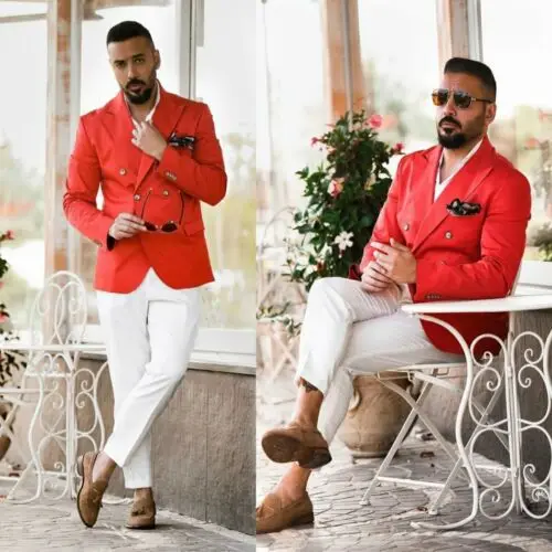 Fashion Casual Peak Lapel Double-breasted Red Jacket With White Pants Business Men's Suit Party Wedding Prom Slim Fit Blazer | Мужская