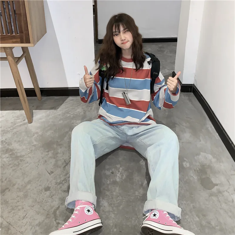 Harajuku полосатая футболка осень длинный рукав Повседневная Свободная футболка корейский ulzzang женские футболки полосатые розовые Топы