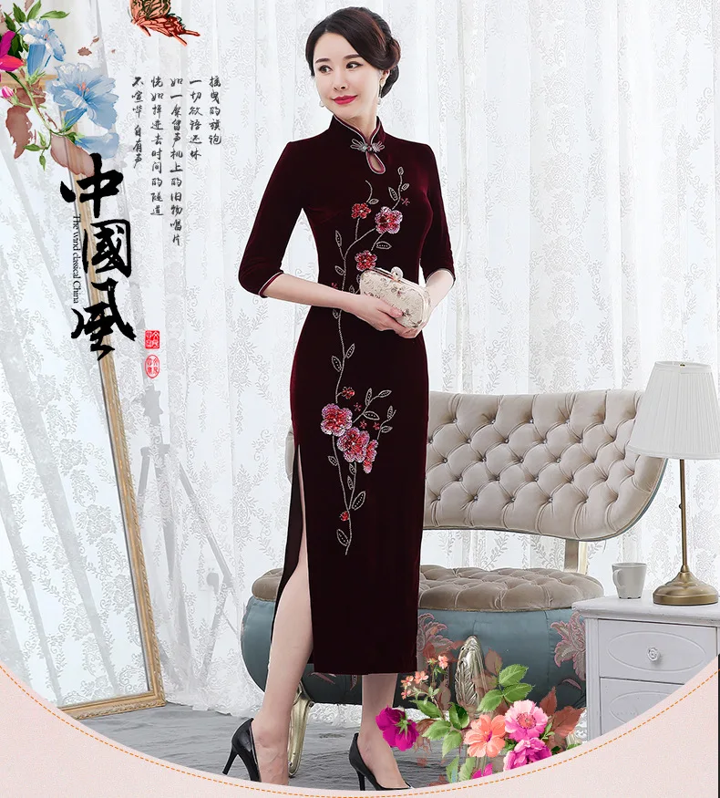 Модифицированное бархатное длинное платье cheongsam в стиле ретро, банкетное платье, платье cheongsam, праздничное платье большого размера для мам, атласное платье