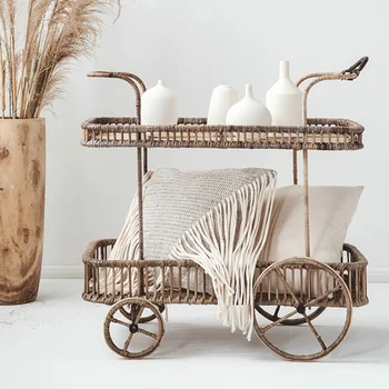 

kitchen storage cart Handmade rattan double-layer multifunctional storage cart with wheels