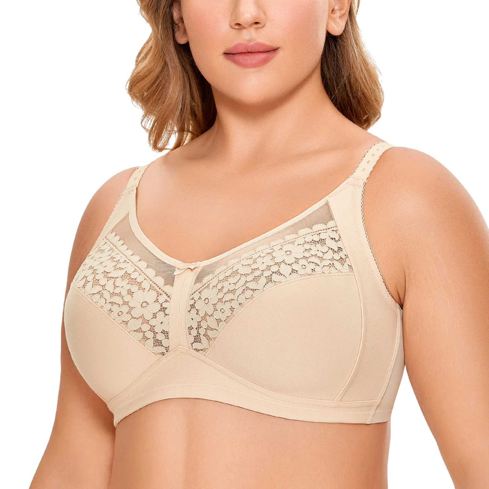 Women's Full Coverage Cotton Floral Lace Bra Wireless Unlined Plus Size Sleep Plus Size Sheer Mesh