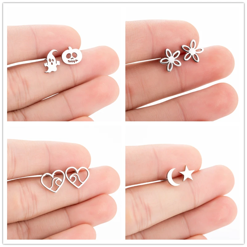 

Oly2u Punk Hallloween Pumpkin&Ghost Accessories for Children Women Cute Asymmetric Moon Star Earrings Christmas Gift