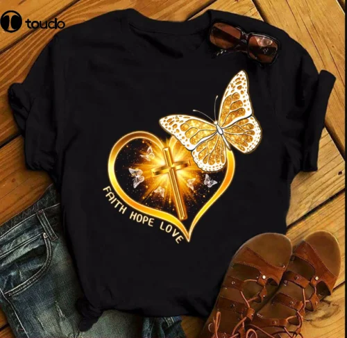 Женская Черная футболка с надписью Faith Hope Love Heart Butterfly Christian Cross | Мужская одежда