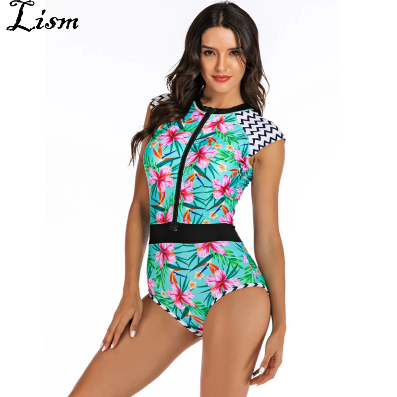 

Rashguard Women Floral Print One Piece Swimsuit Rash Guard Surf Swimwear Zipper Jumpsuit Bathingsuit Swimming Bodysuit Beachwear