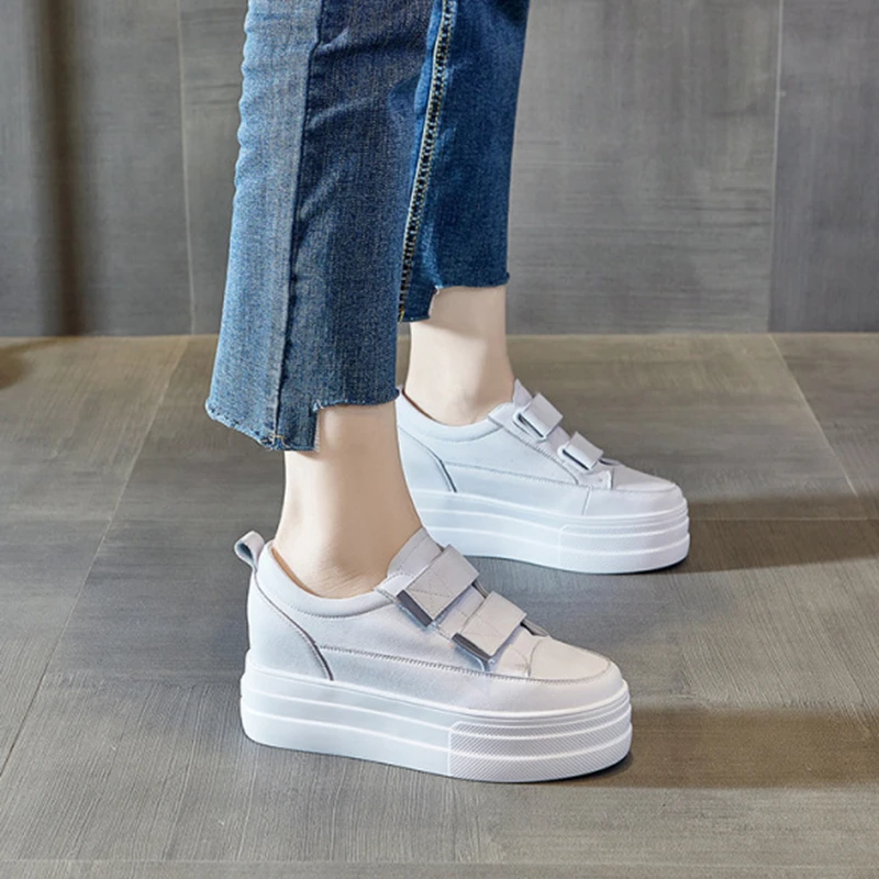 Zapatos de plataforma plana para mujer, zapatillas de piel auténtica con gancho, blancas, tacón primavera y otoño, 2021|Zapatos planos de mujer| - AliExpress
