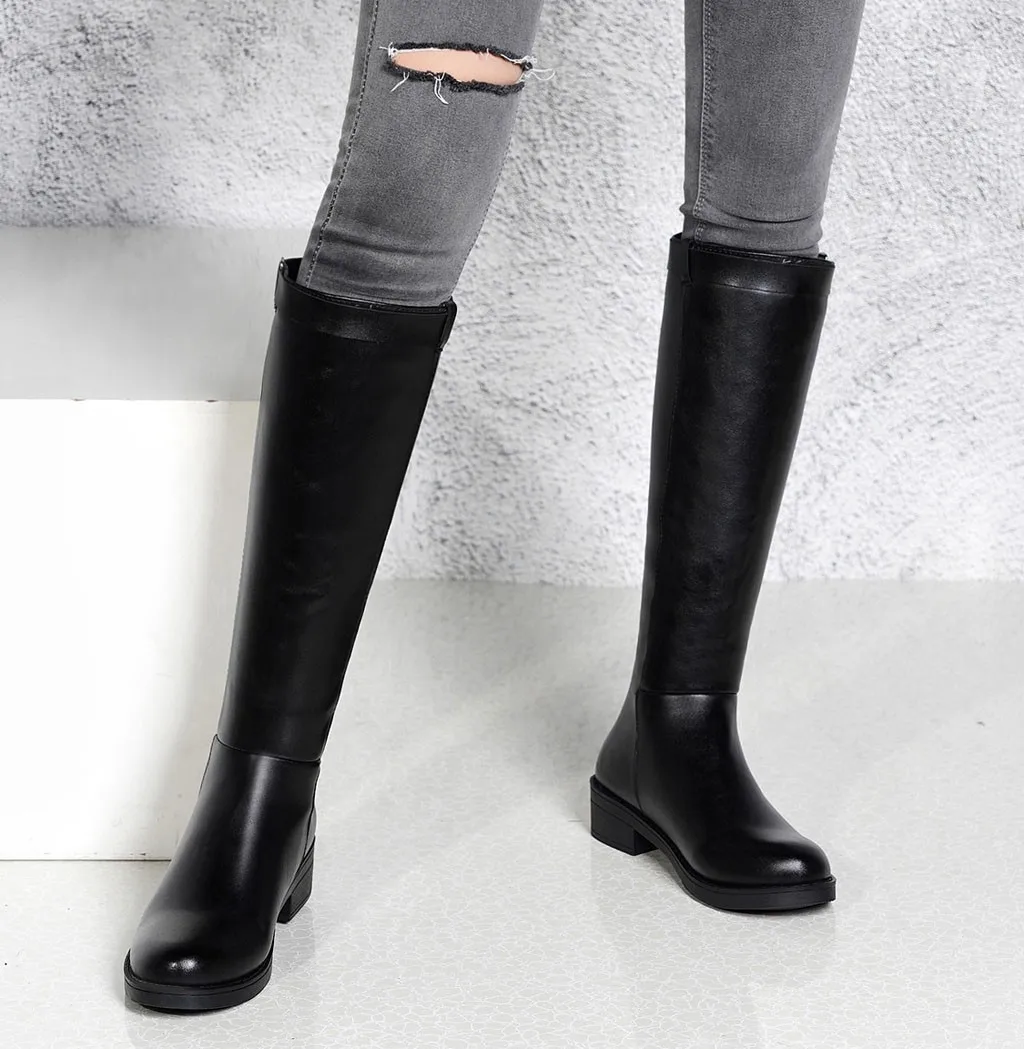 

YOUYEDIAN Femme Long-boots Women Leather Zipper Woman Winter Autumn Shoes Square Heels Combat Booties Platform Zapatos De Mujer