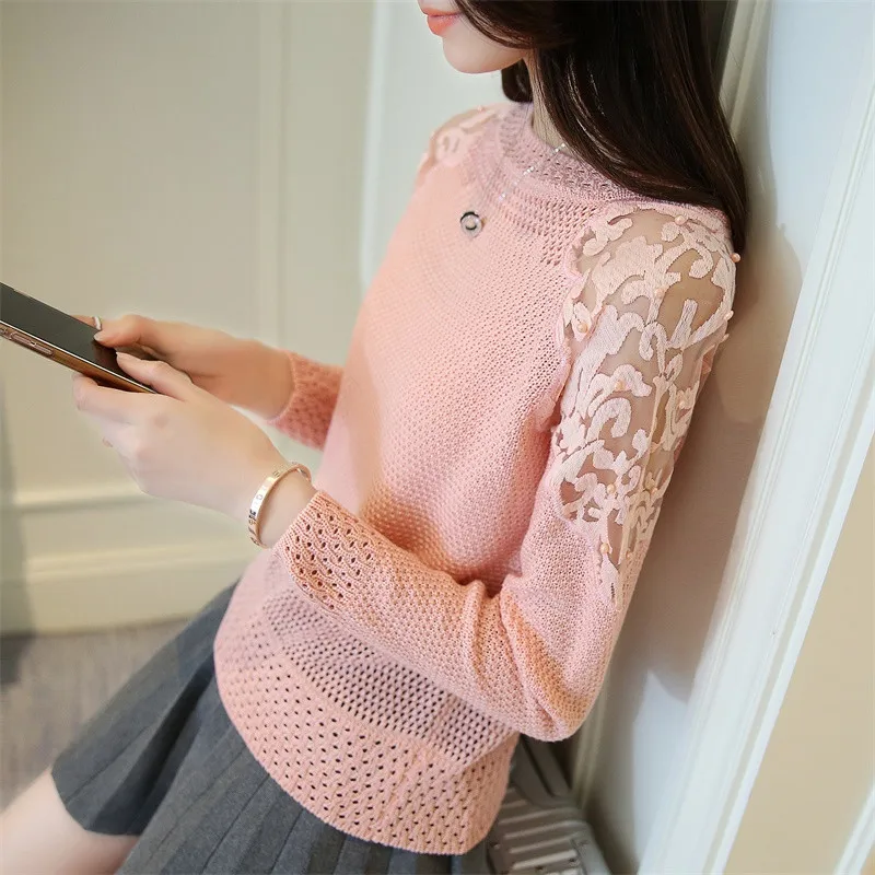 Весна новая Корейская версия Короткий кружевной рукав гвоздь бисер полые тонкие трикотажные пуловеры нижний свитер женщина