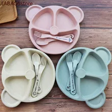Juego de vajilla para alimentación de bebé, tazón, cuchara, tenedor, plato de entrenamiento Anti caliente, sin BPA, oso de dibujos animados