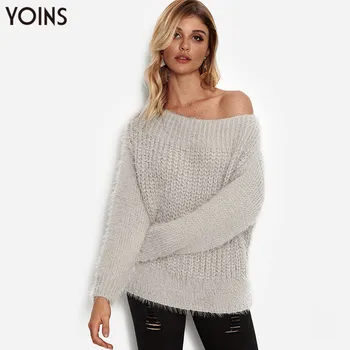 

YONIS 2020 Autumn Winter Women Sweater Knit One Shoulder Jumper O Neck Long Sleeve Loose Casual Basic Pullover Pull Femme Grey
