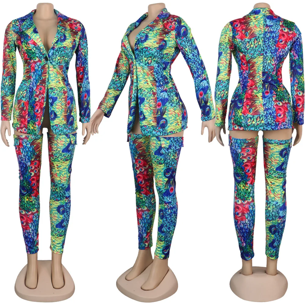 ANJAMANOR осенне-зимние женские костюмы размера плюс из 2 частей, сексуальный клубный комплект из двух предметов: Блейзер и штаны, камуфляжный принт с гепардом, D35AH75