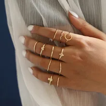 WUKALO 11 Pcs/Set Simple Design Round Gold Color Rings Set For Women Handmade Geometry Finger Ring Set Female Jewelry Gifts