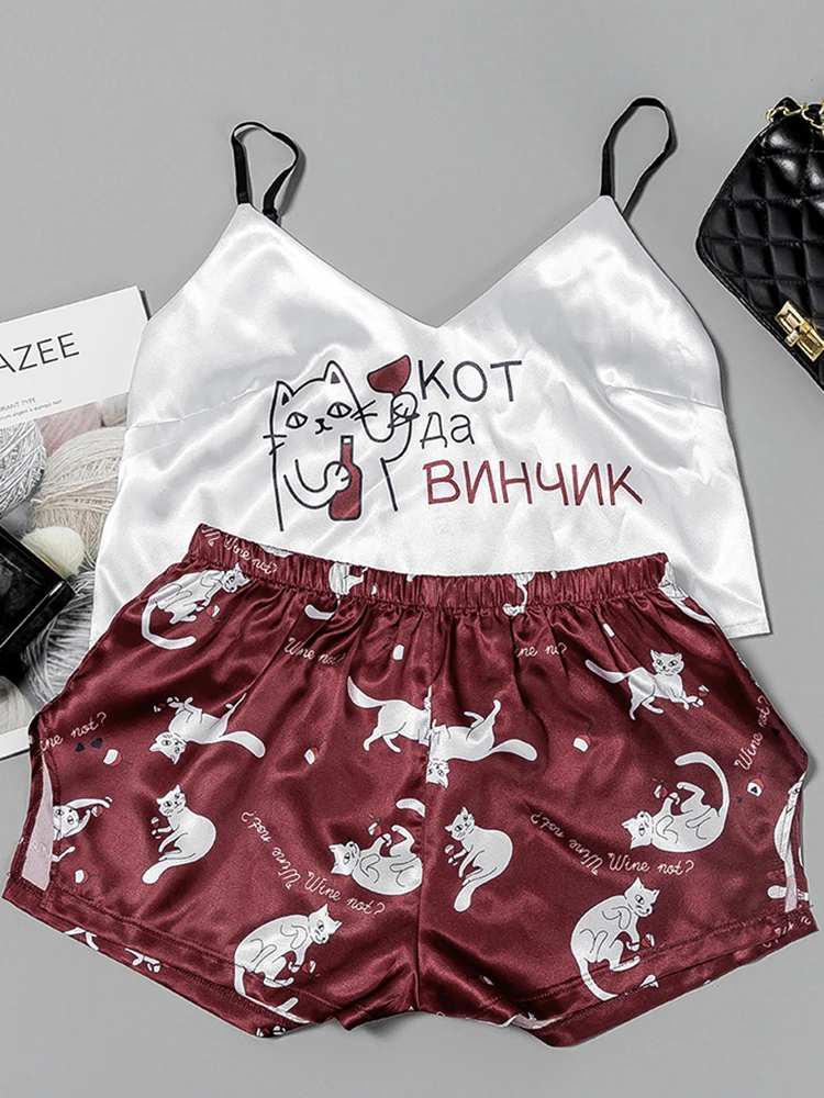 Suphis милая Пижама с рисунком кота из мультфильма сексуальные атласные пижамы
