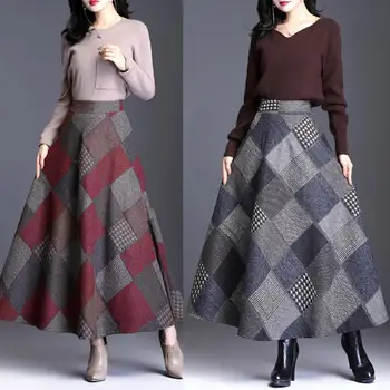

Newest Women Autumn Winter Plaid Woolen High Wait Large Swing Warm Long A-line Skirt