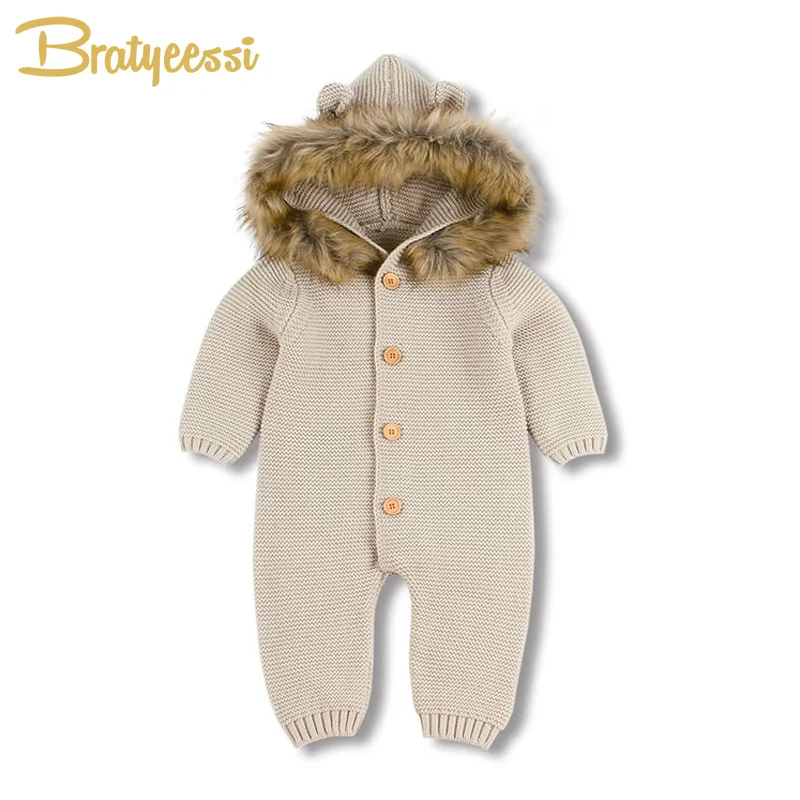 

Fur Hooded Baby Rompers for Girls Knitted Baby Boy Jumpsuit Solid Color Infant Romper Baby Onesie Newborn Boy Girl Clothes 1PC