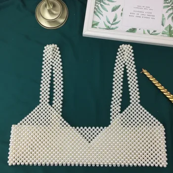 

Wild Pearls Vest Ladies Fashion Sexy Retro Korean Style Pure Color Elastic Temperament High Quality Pearls Accessories Vest