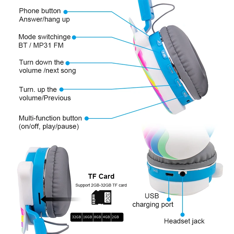Foldable Cute Unicorn Bluetooth Wireless Headphones With Mic Kids Girl Gaming Headset Music Cascos Cosque For Phone Gift