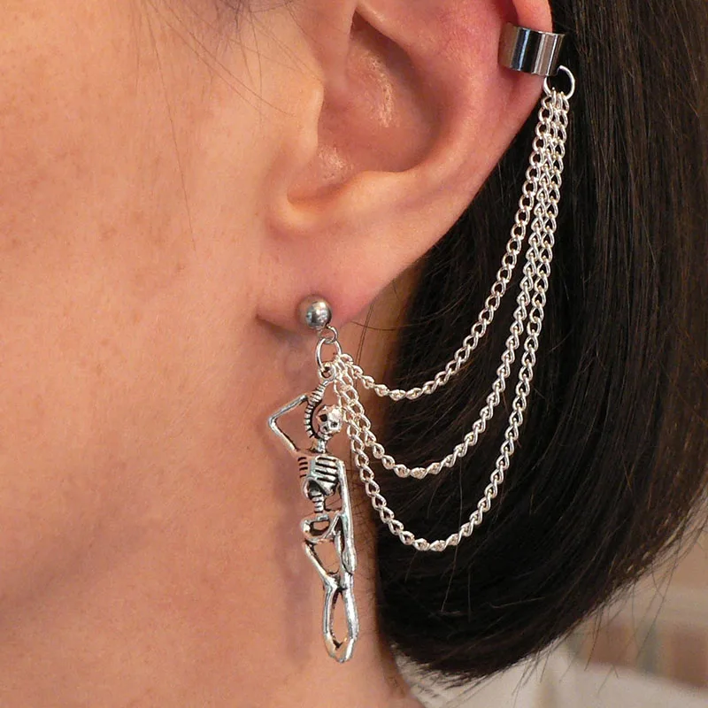 Stud Earrings Chain Ear Clips Dragon Ear-chains Ear Cuff Fantasy Cosplay Silver-plated Chains and Hypo-allergenic Stud Earring