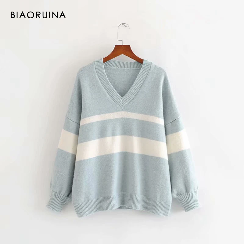 

BIAORUINA Women's Hit Color Korean Style Loose Knit Sweater Female V-neck All-match Rabbit Hair Blends Pullovers One Size