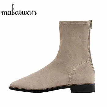 

Mabaiwan 2020 Fashion Stretch Fabric Ankle Boots Women Med Heel Flock Shoes Chelsea Motorcycle Autumn Winter Short Zipper Boots