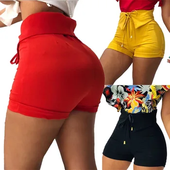 

Women Summer Casual High Waist Shorts Plain Color Hot Pants With Drawstring