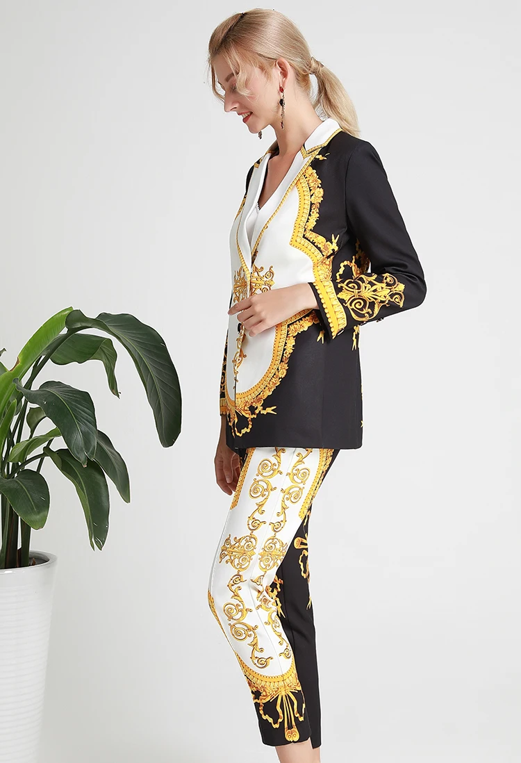 MoaaYina/модный Дизайнерский Костюм, весенне-осенний женский винтажный костюм с длинными рукавами и принтом, топы+ 3/4 брюки-карандаш, комплект из двух предметов