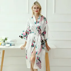 Women Robe Plus Size XL Print Flower Peacock Kimono Bathrobe Gown Bride Bridesmaid Wedding Sexy Sleepwear Satin