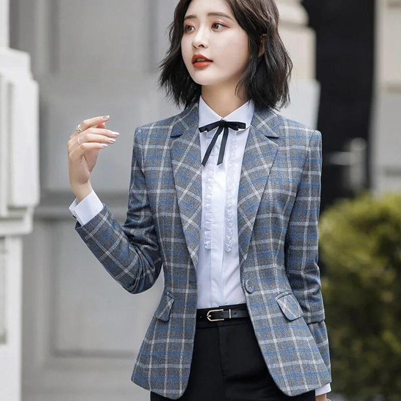 

Soft and Comfortable Plaid Jacket with Pocket Office Lady Casual Style Blazer Women Wear Single Button Coat