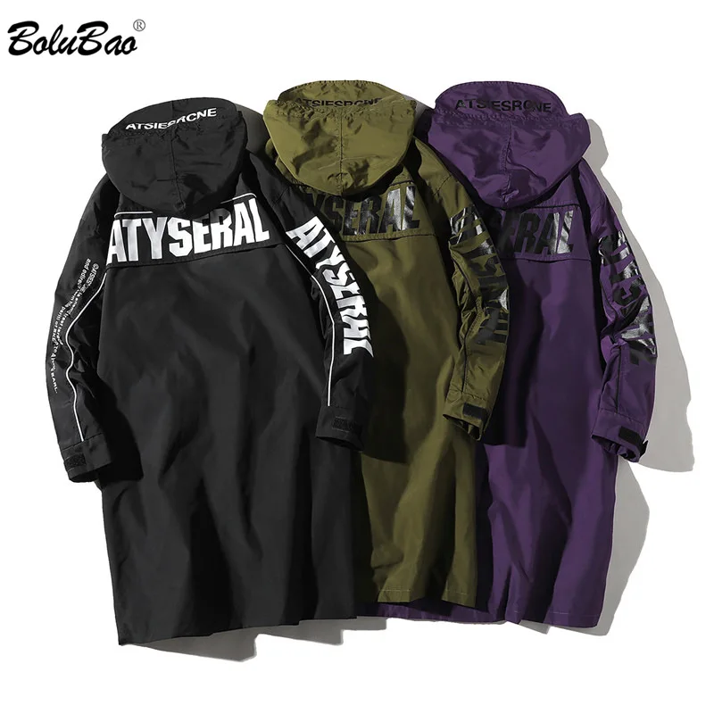 

BOLUBAO Spring New Men Trench Coats Fashion Brand Men's Trendy Wild Letter Print Casual Trench Long Section Hooded Trench Male