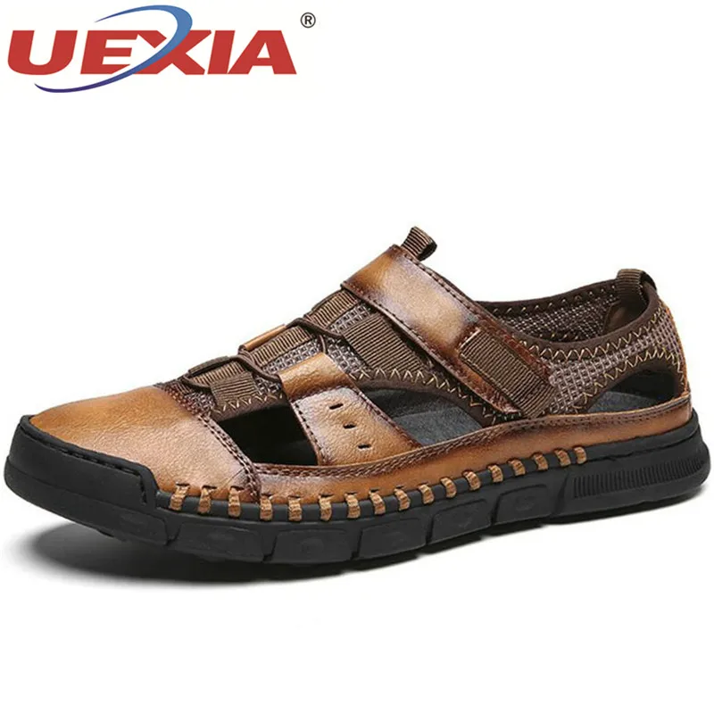 UEXIA Outdoor Handmade Men Sandals Leather Cowhide ummer Quality Beach Slippers Casual Sneakers Outdoor Beach Shoes Size 46