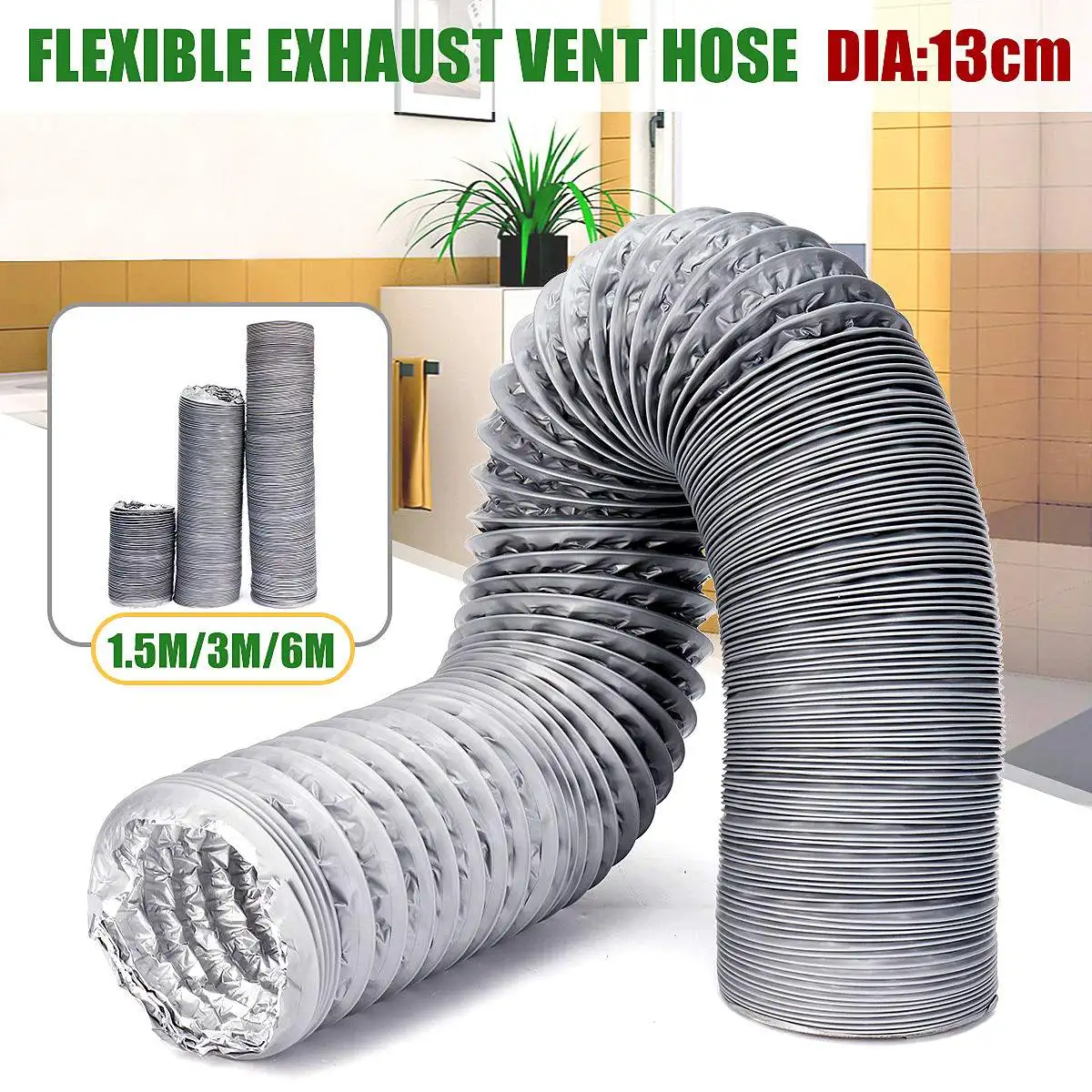 

New 5inch 150/300/600cm Flexible Exhaust Vent Tube Hose PVC Aluminum Air Ducting Ventilation Household Air System Vent Bathroom