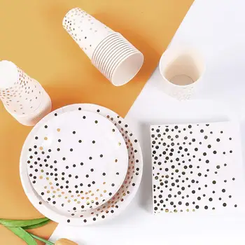 

25 PCS White and Gold Party Supplies Disposable Tableware Paper Plates Golden Dot Disposable Dinnerware Set Theme Party birthday