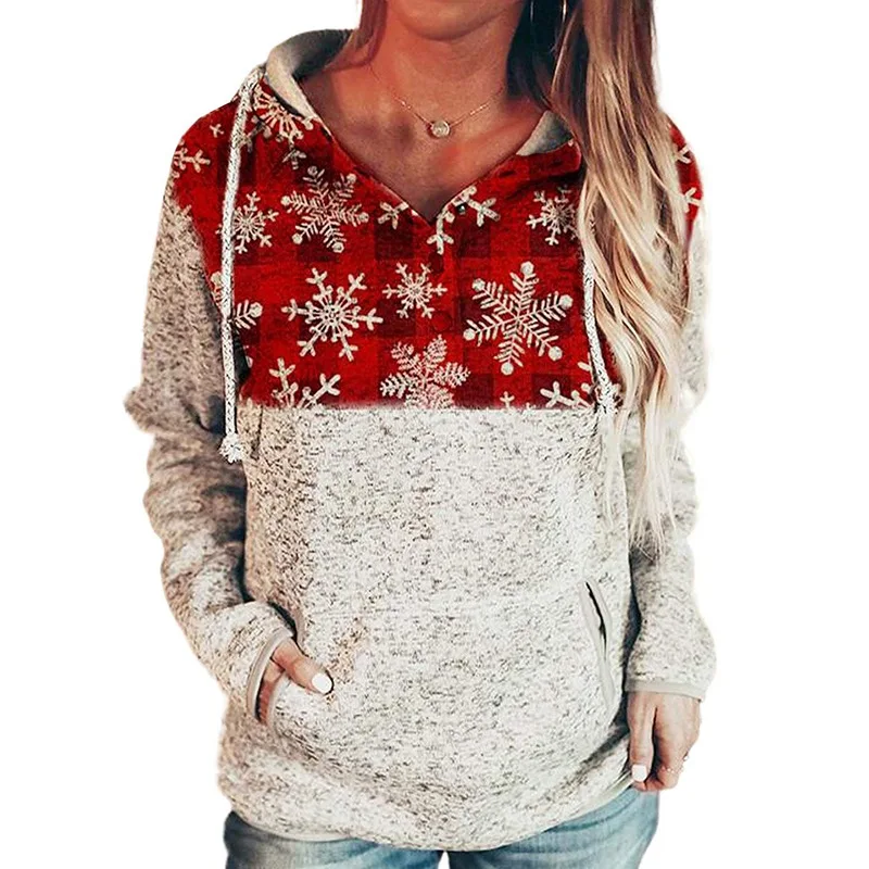 

Womens Button Collar Drawstring Stitching Pocket Hooded Top Snowflake Sweatshirts Christmas Party Wear Hoodies Pullover Clothes