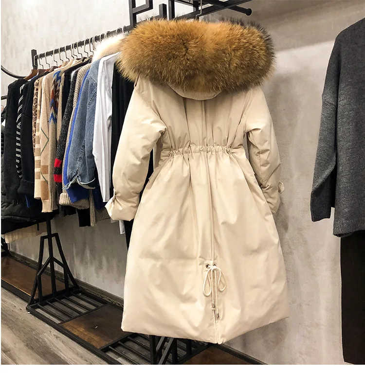 Dongdaemun женское пуховое пальто, пальто с ромбовидным принтом, корейский стиль, модный большой меховой воротник, белый утиный пух, длинный пуховик