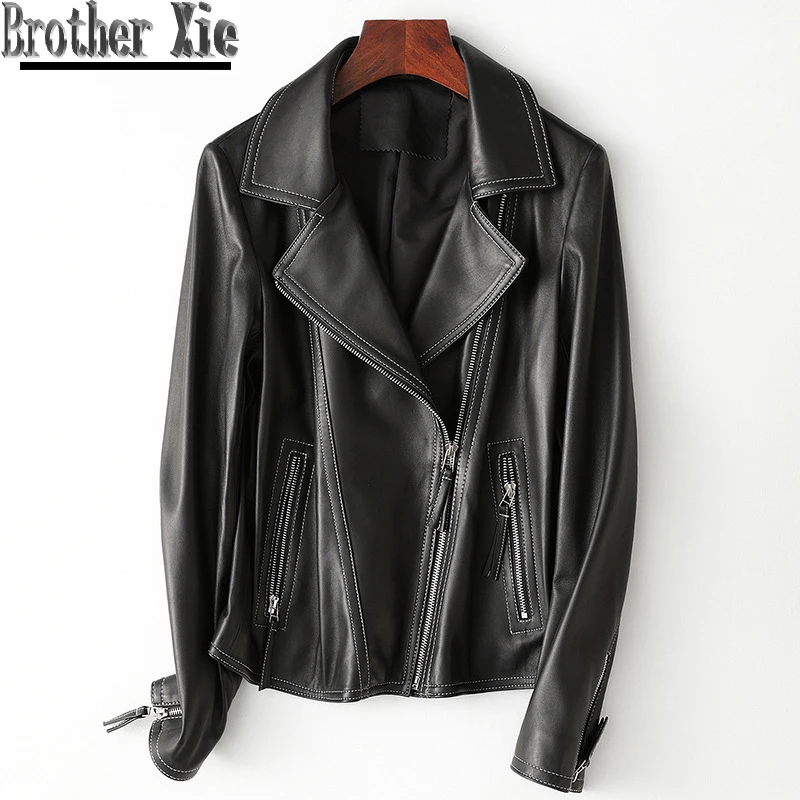 

2020 New Ladies Real Sheep Leather Jacket Quality Lambskin Black Slim Fit Genuine Leather Coat Lapel Motorcycle Outerwear Women