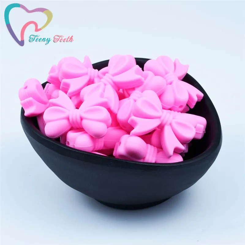 Pink 20 шт. галстук-бабочка Силиконовые Бусины 3 см ошейник с бантиком свободные бусины DIY пустышка цепи Детские Жевательные бусы без содержания бисфенола А погремушка детский Прорезыватель - Цвет: Pink