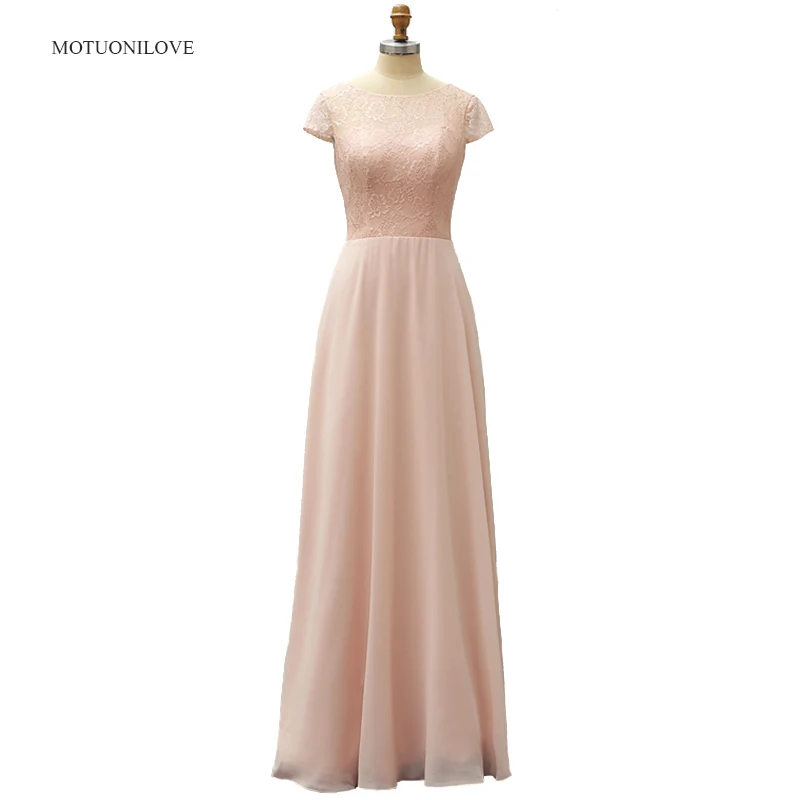 

2019 New Dusty Pink Country Long Bridesmaid Dresses Scoop A Line Chiffon Lace V Backless Cap Sleeves Cheap Maid of Honor Gowns